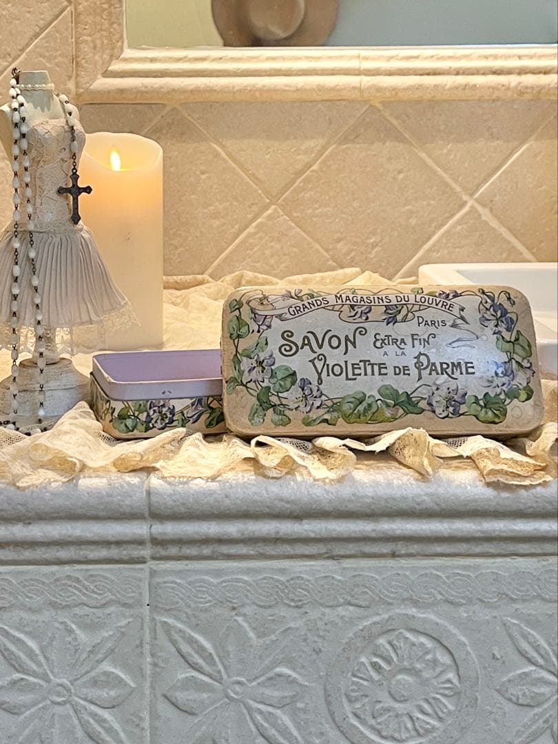 ◆フランスアンティーク｜レア1900年代パリ石鹸箱アールヌーボー紙箱すみれ紫花