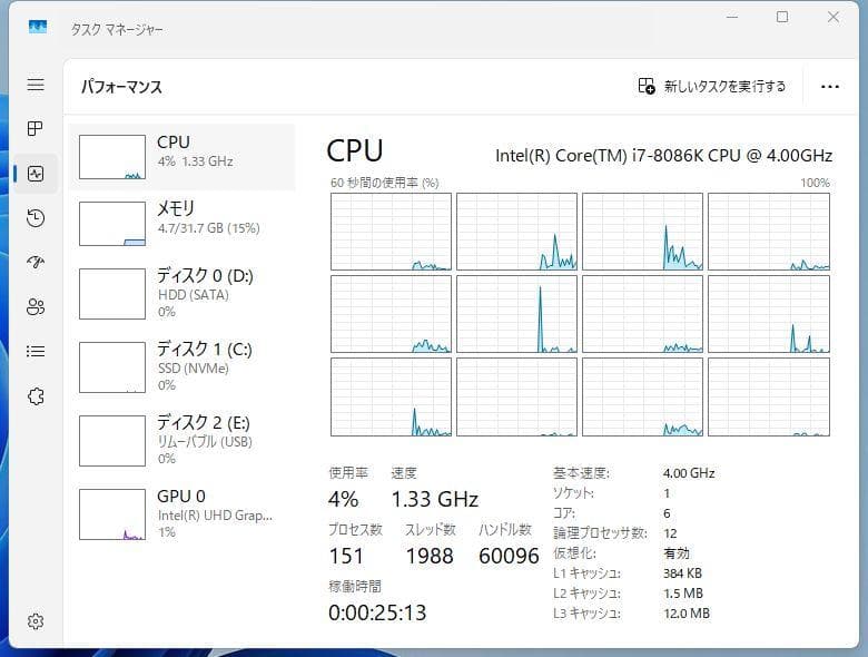 Windowsデスクトップ i7-8086K MEM32G SSD500G 3T Win11 Office