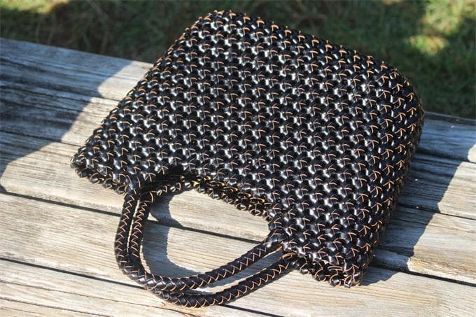 牛革 革編み込み 山葡萄風 六角花 かごバッグ 籠 BAG バッグ