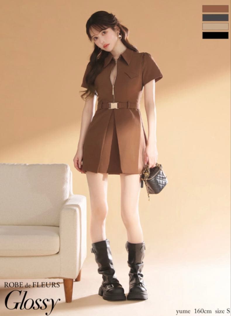 ROBE de FLEURS シャツカラーウエストベルトフレアミニキャバドレス