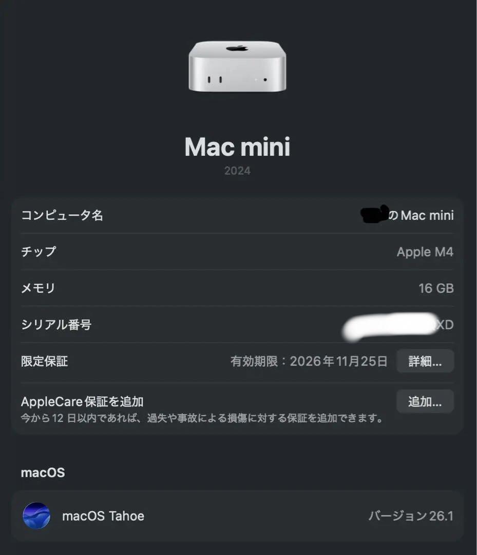 Macデスクトップ Mac mini M4 MU9D3J/A 16GB 256GB