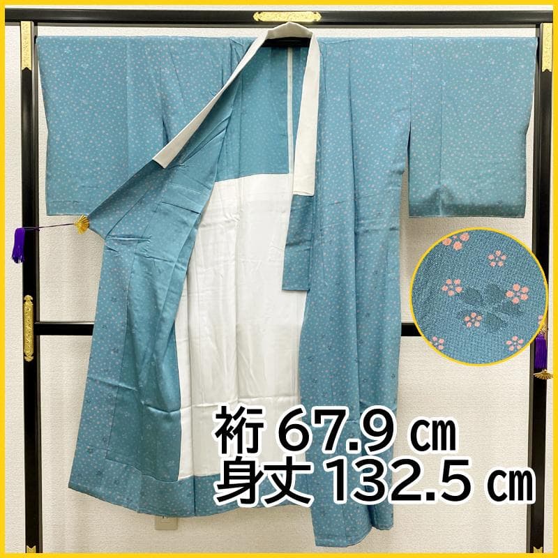 510mu50●長襦袢 正絹 浅葱色 桜地紋 半衿付●しつけ付