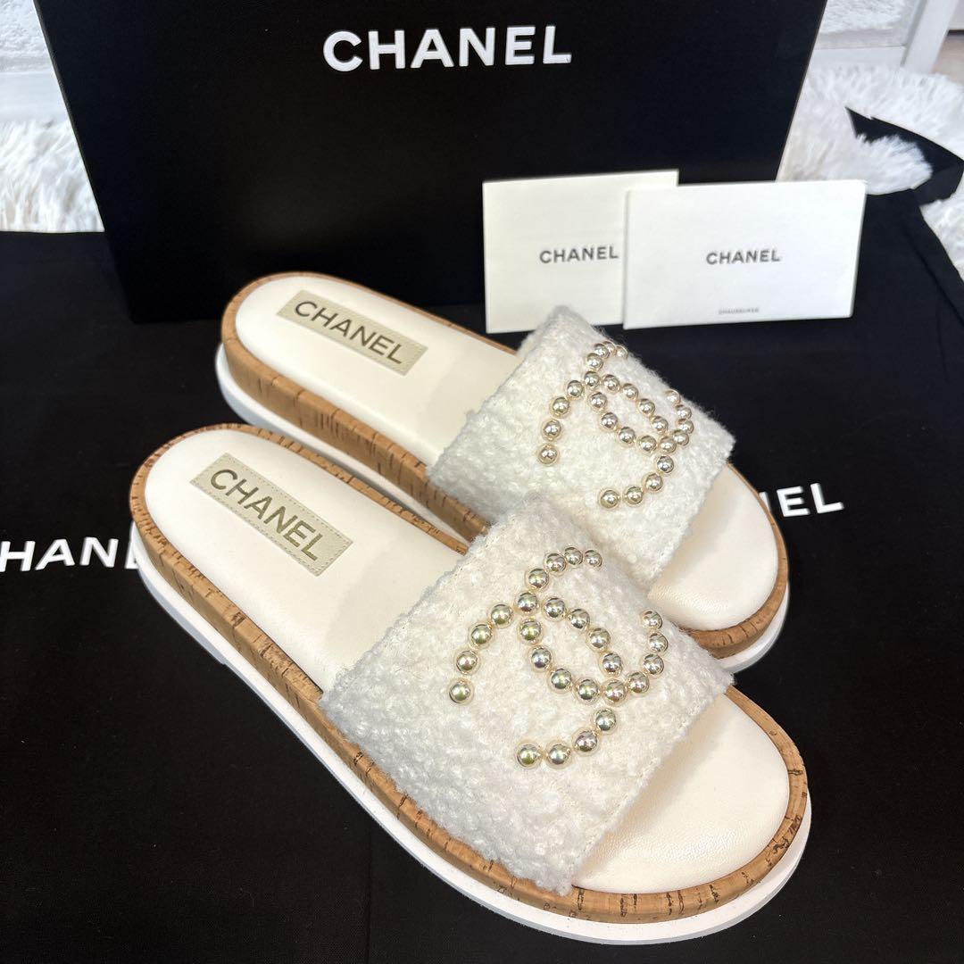 【未使用】　シャネル　パール　ココマーク　ツイード　フラットサンダル　24S