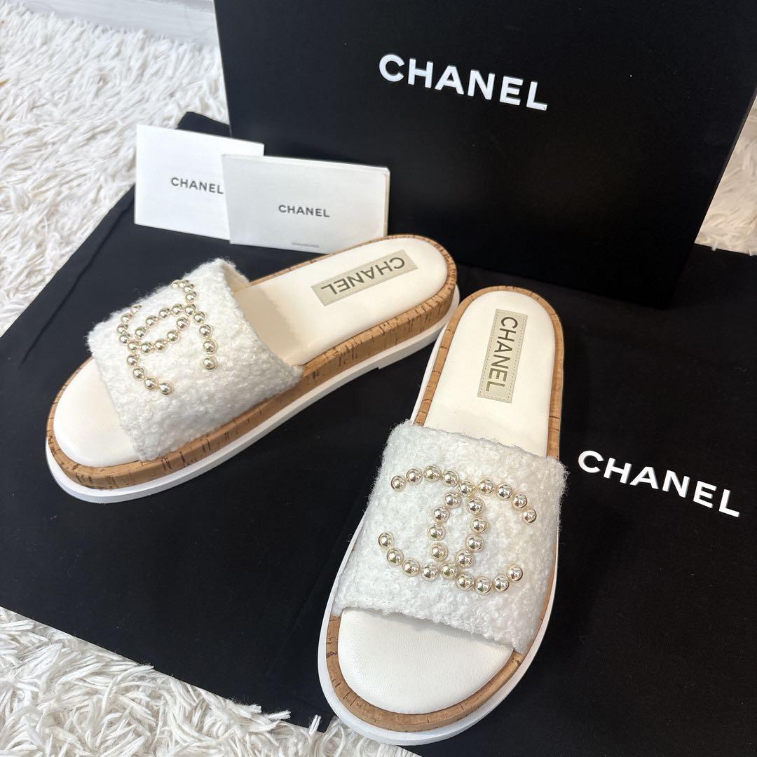 【未使用】　シャネル　パール　ココマーク　ツイード　フラットサンダル　24S