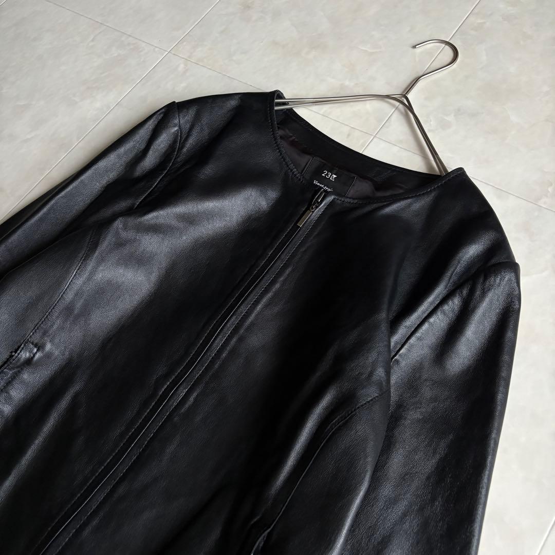 美品・特大✨23区 ノーカラーラムレザージャケット 黒 48 ゆったり