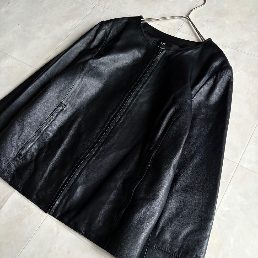 美品・特大✨23区 ノーカラーラムレザージャケット 黒 48 ゆったり