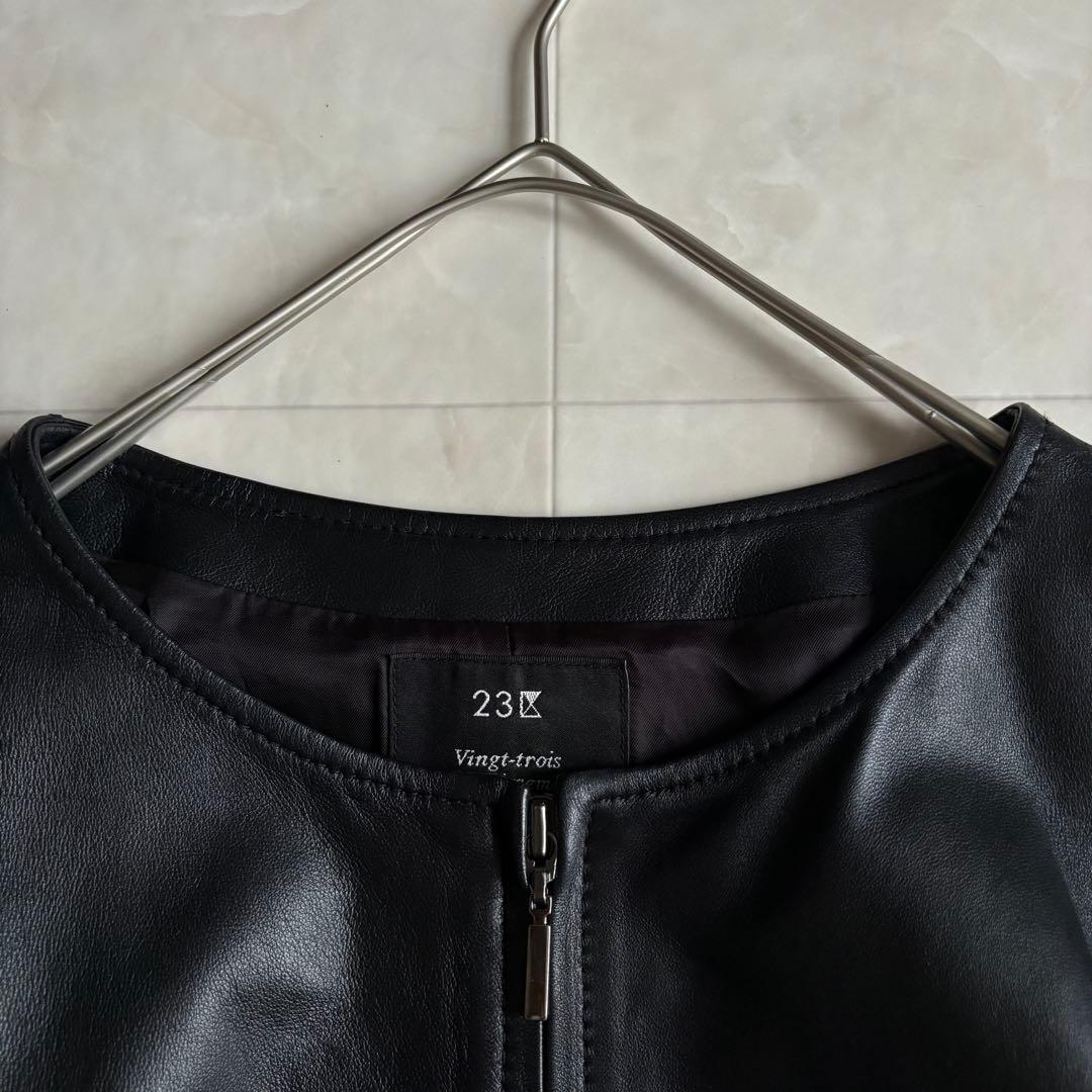 美品・特大✨23区 ノーカラーラムレザージャケット 黒 48 ゆったり