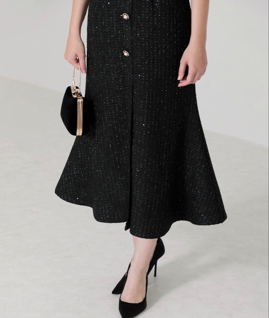 leja ラメツイードレザーパイピングパールマーメイドワンピースドレス