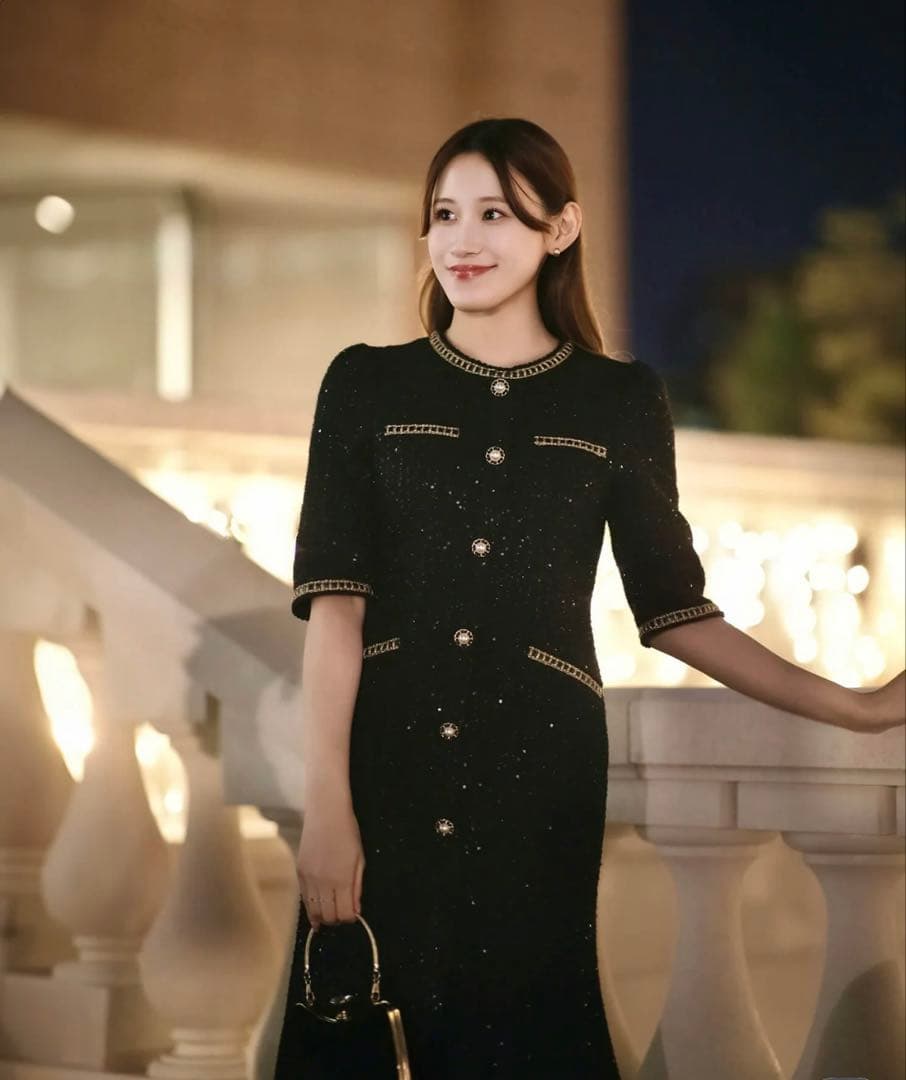 leja ラメツイードレザーパイピングパールマーメイドワンピースドレス