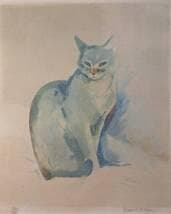 【真作】版画　リトグラフ　青の幻想　猫のポートレート　静かに佇む猫　W2
