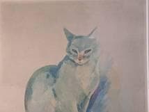 【真作】版画　リトグラフ　青の幻想　猫のポートレート　静かに佇む猫　W2
