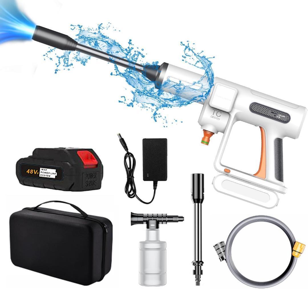 高圧洗浄機：充電式で持ち運び簡単、50barの強力噴射であらゆる場面に対応