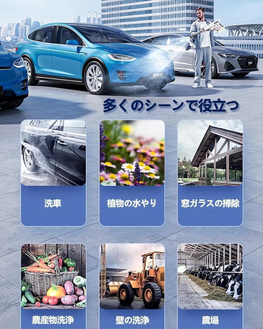 高圧洗浄機：充電式で持ち運び簡単、50barの強力噴射であらゆる場面に対応