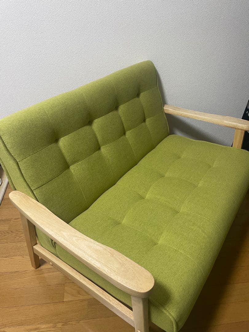 【値下げ交渉可！】 二人掛けソファ　天然木　　 本体ナチュラル木×座面グリーン