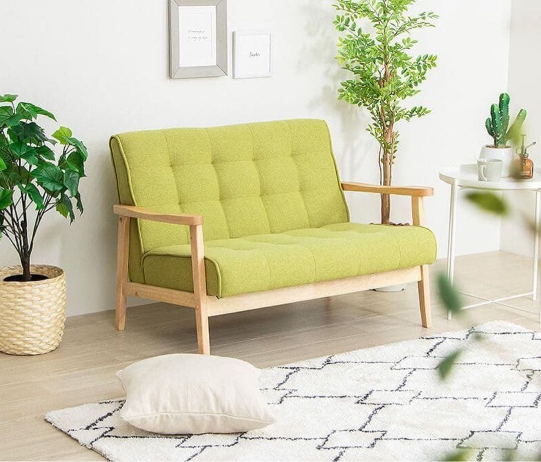 【値下げ交渉可！】 二人掛けソファ　天然木　　 本体ナチュラル木×座面グリーン