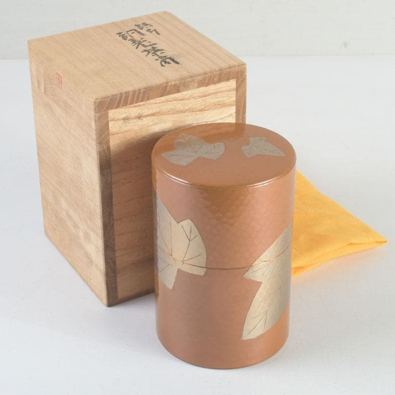煎茶道具　鎚起銅器　玉川堂造　鋲打　葉文　茶筒　共箱　C　9428