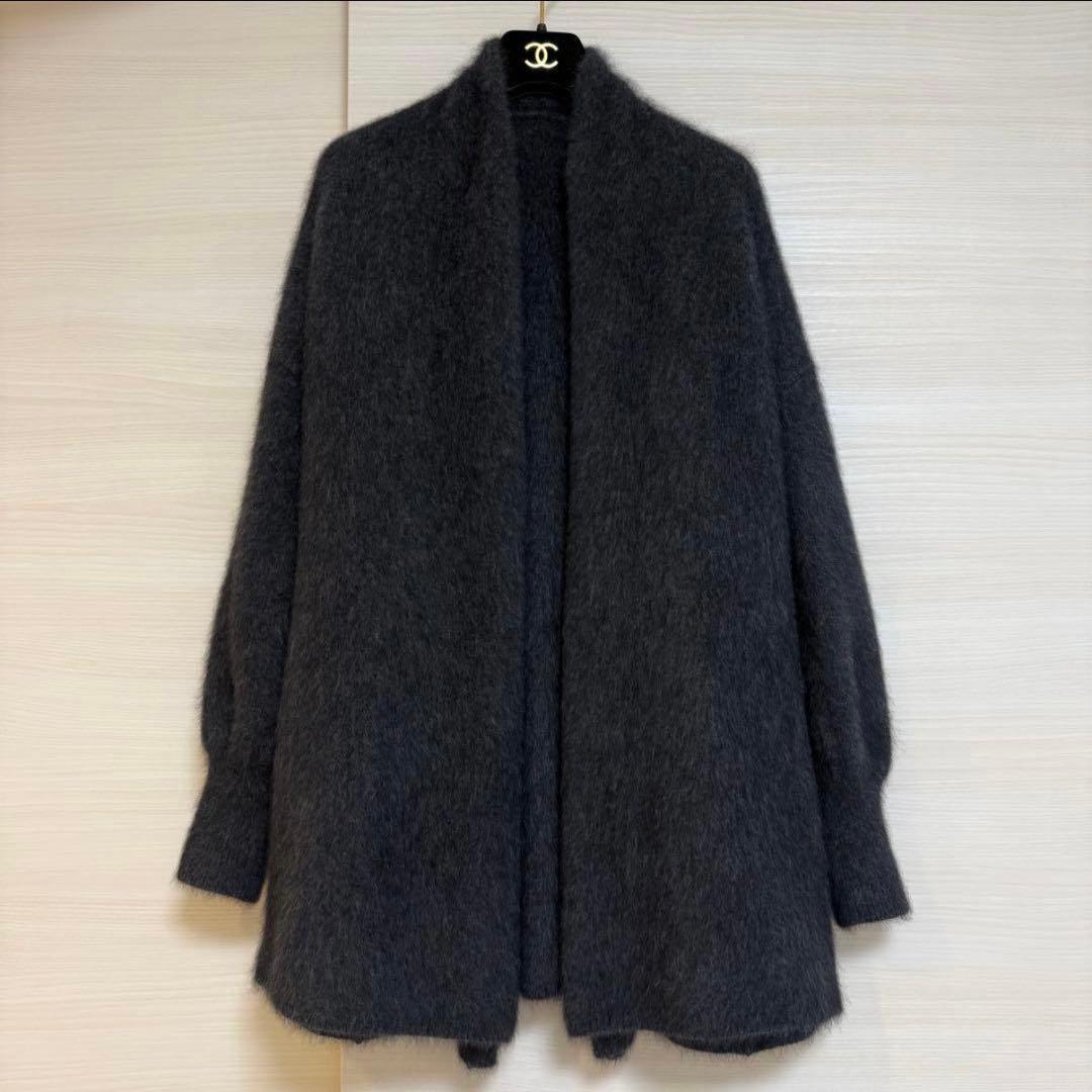 美品 NOBLE ノーブル ファーニットパフカーディガン チャコールグレー