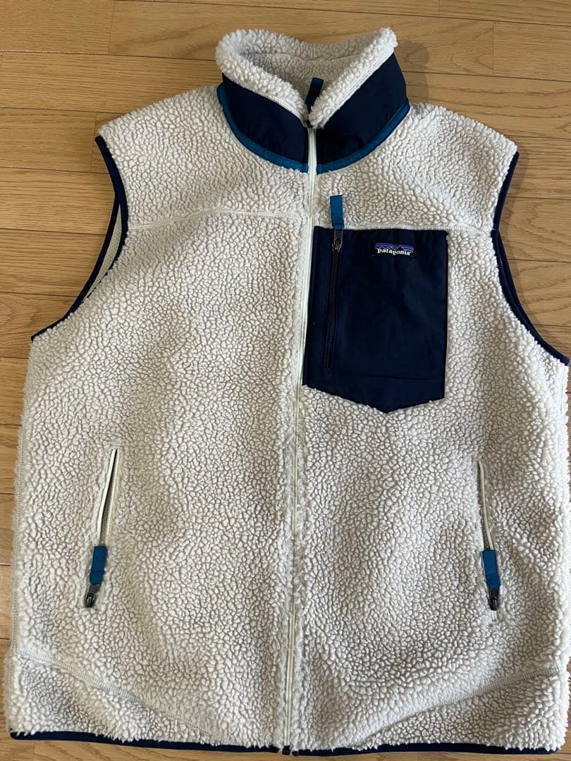 [美品]patagonia フリースベスト ホワイト/ネイビー サイズXL