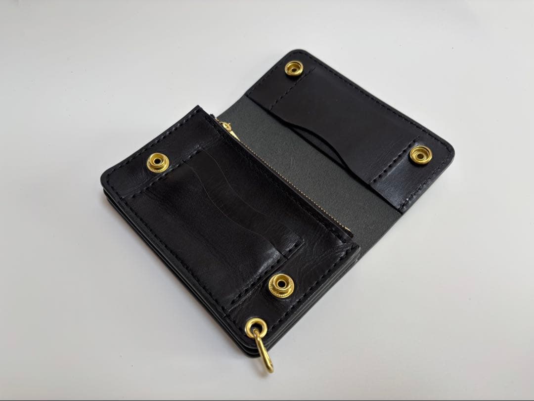 黒　ヌメ革　トラッカーウォレット　三層　真鍮 レザークラフト