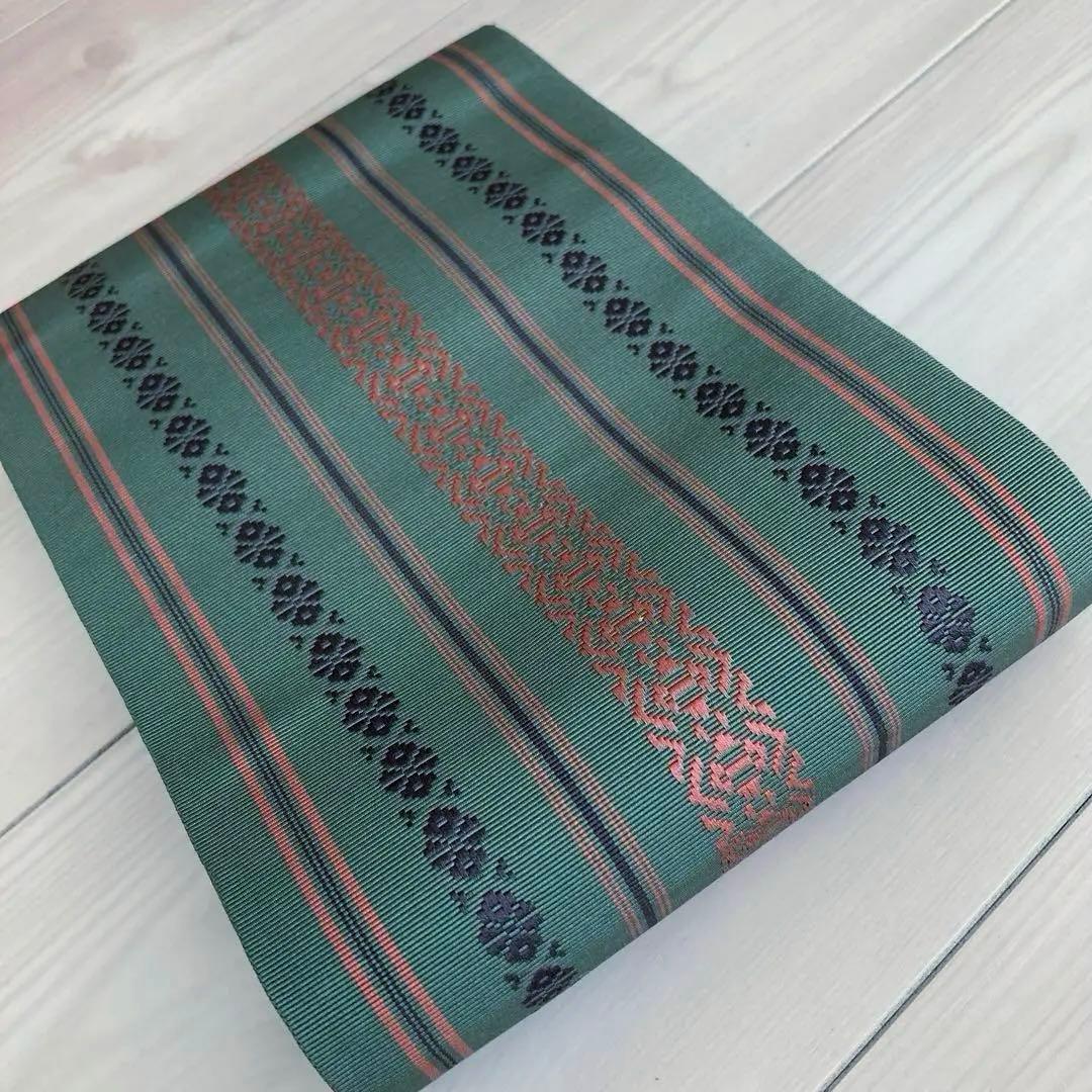 Rin 本場筑前博多織　半幅帯　深緑　正絹　織り出し　No.5-22