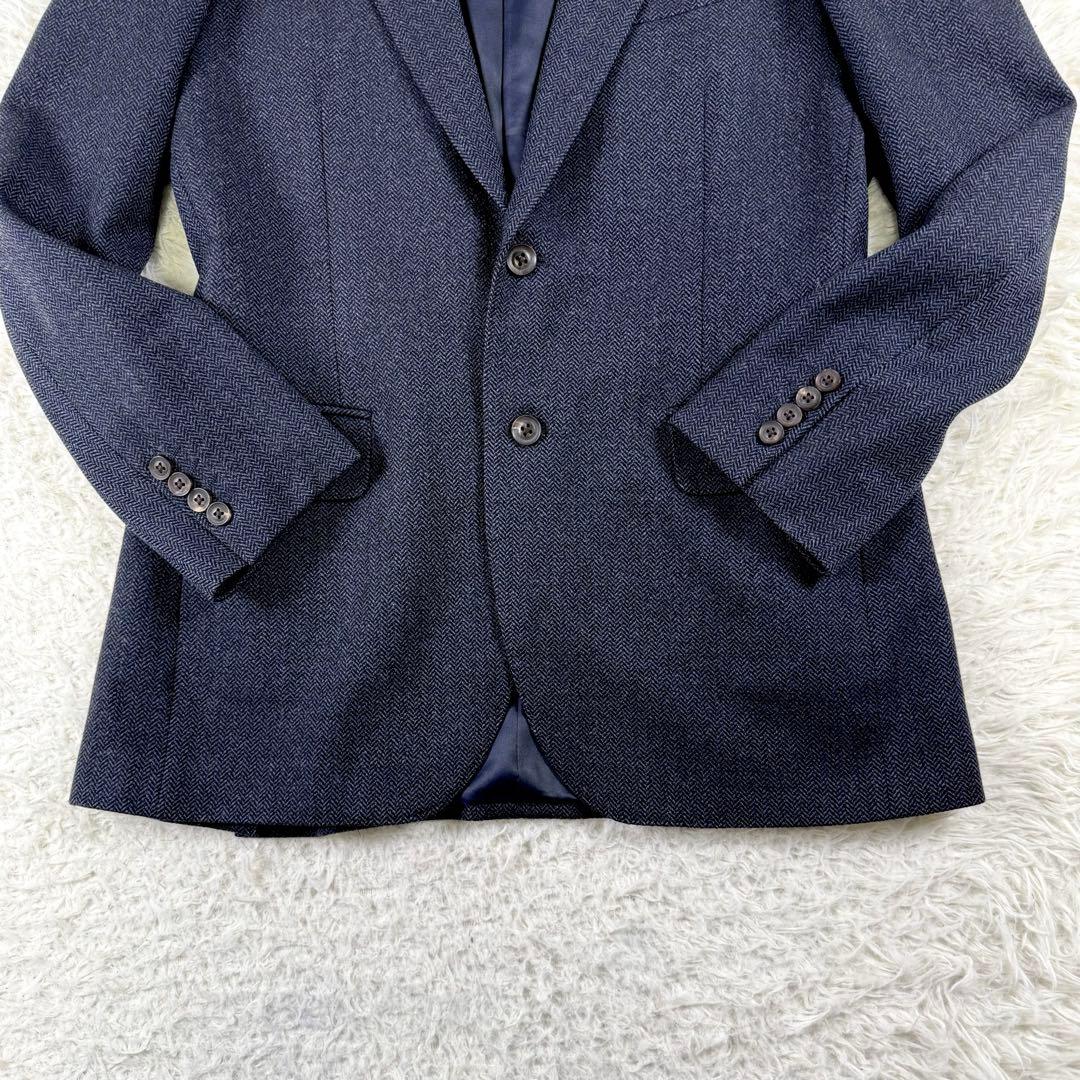 バーバリーロンドン テーラードジャケット カシミヤ混 ヘリンボーン 2B 紺色