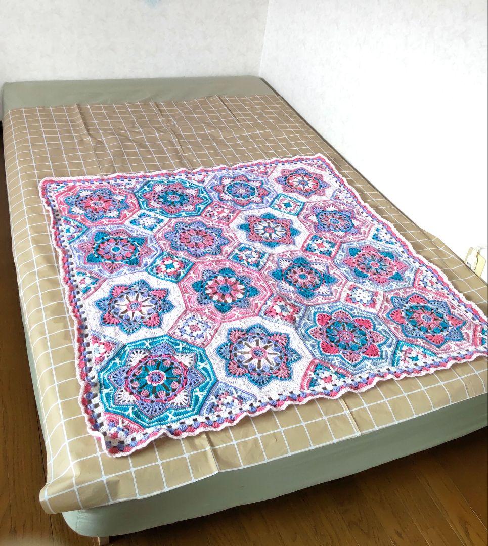 C427　手編みマルチカバー　ブランケット　モチーフ編み　モチーフ繋ぎ　大判