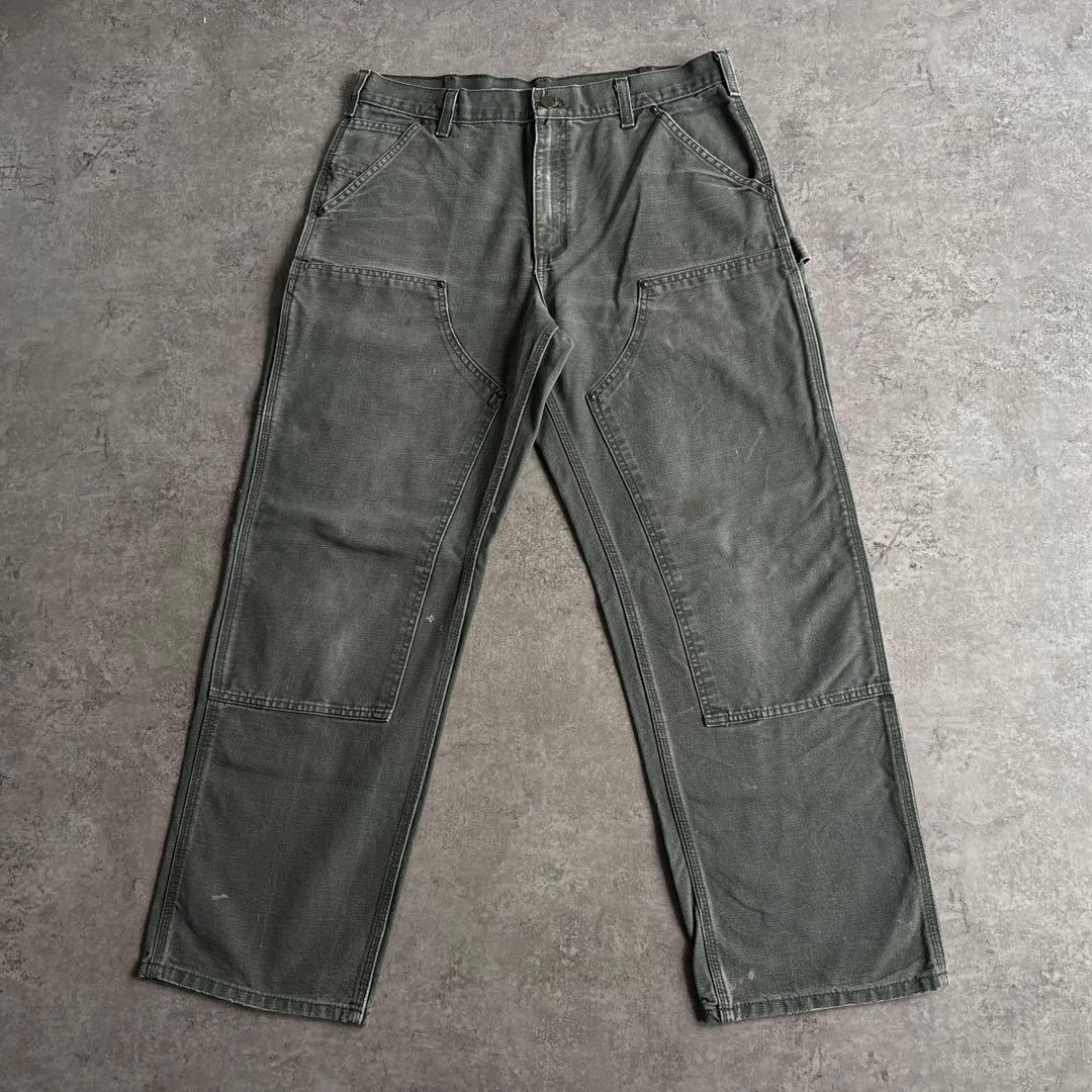 00's■カーハート【W34】ダブルニー ダック モスグリーン ペインターパンツ