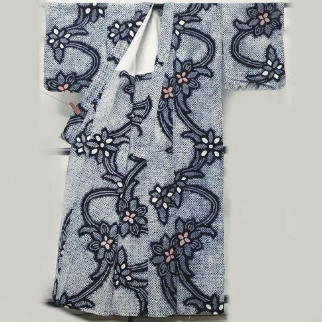 有松絞り　浴衣　身丈158 三浦絞り　紺地　花文様　綿　有松鳴海絞り