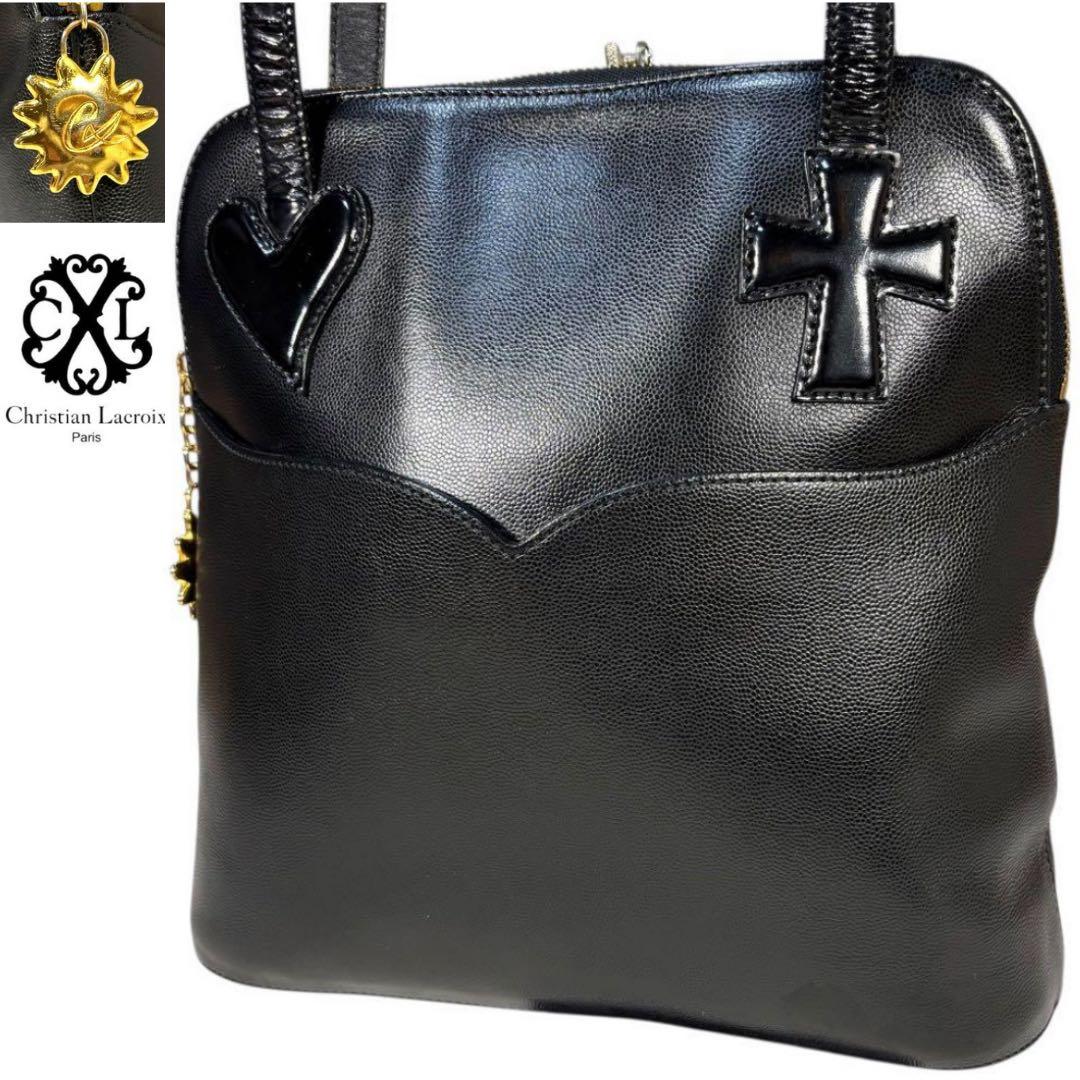 美品　希少　クリスチャンラクロワ　❤︎ハート&➕クロス　シボ革　ショルダーバッグ