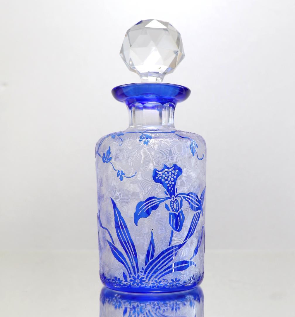 ヴァル・サン・ランベール コバルトブルー被せアシッドエッチング 植物文様香水瓶