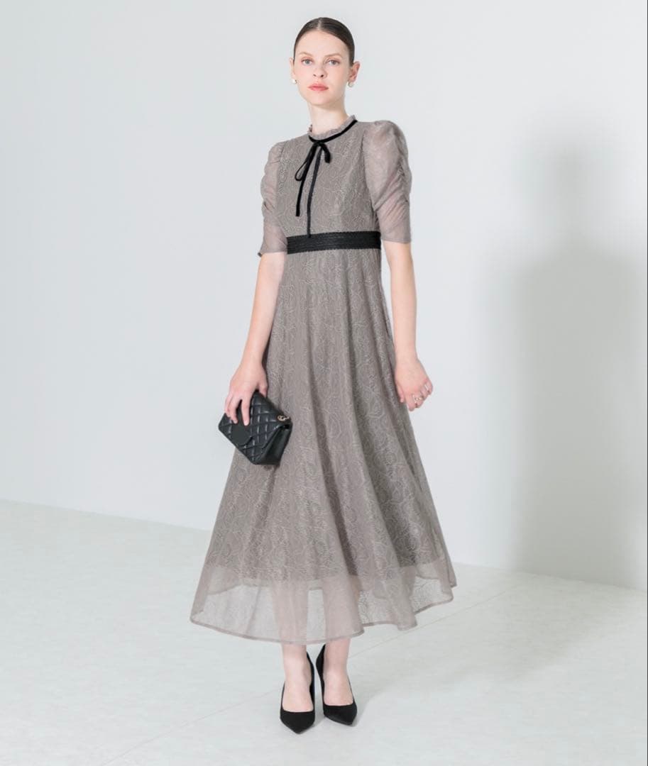 leja ウエストマークパフスリーブ総レースロングドレスワンピース　Mサイズ