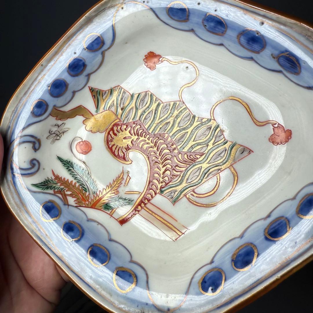 明治時代　色絵扇子文様菱形皿　10客　蝶　植物　古伊万里　アンティーク　食器