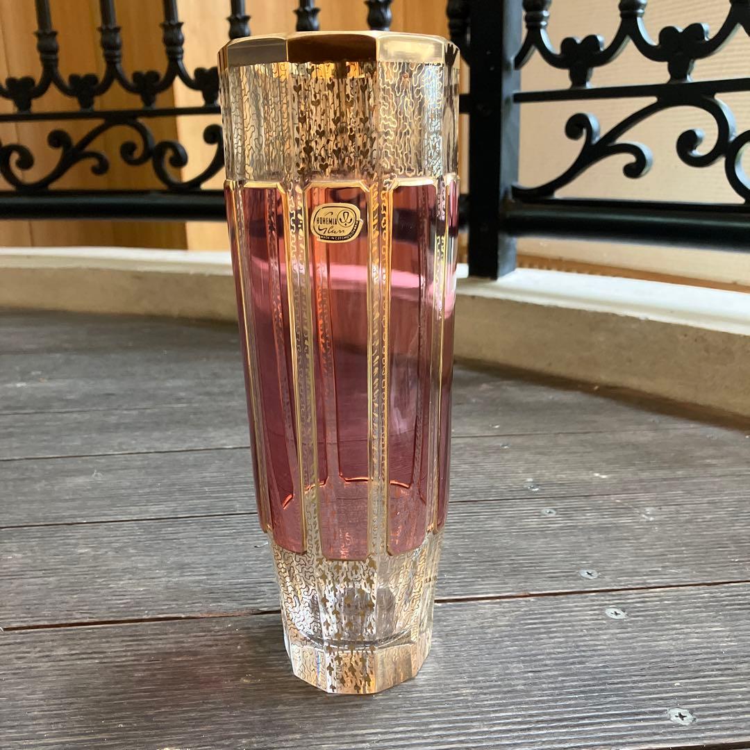 Bohemia ボヘミアガラス パネル花瓶　金彩 レリーフ フラワーベース