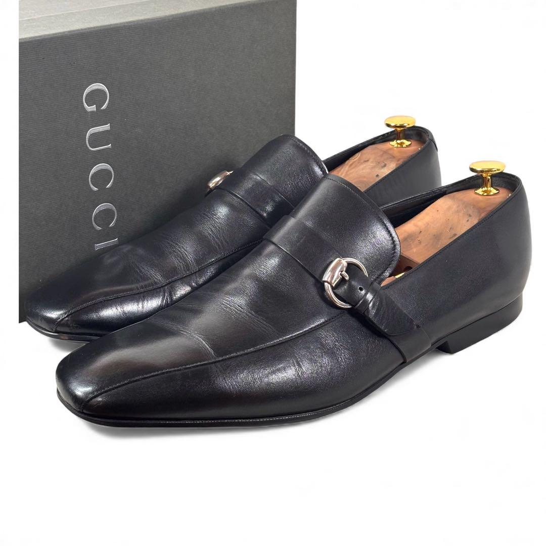 グッチ 11 1/2 30.5 レザー ビジネス シングルモンク ブラック 黒