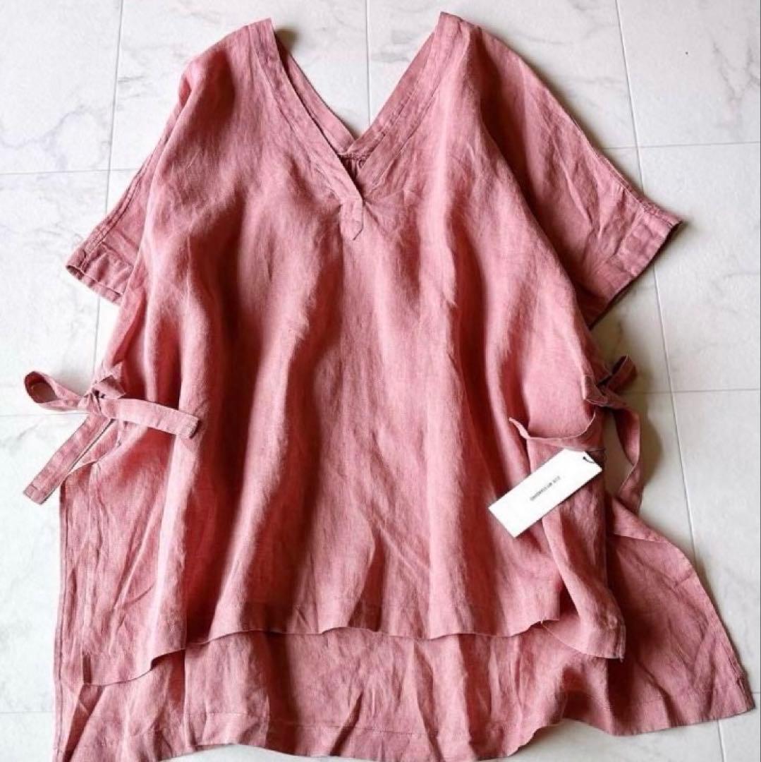 タグ付き未使用*23区 リネン ブルーオーバーシャツ ウエストリボン ピンク