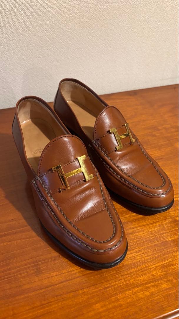 エルメス　ブラウンレザー ローファー ゴールドHロゴ