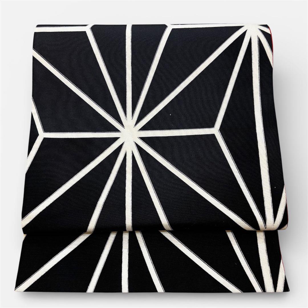 京袋帯　黒に麻の葉模様　全通　長さ365 レトロモダン o1587