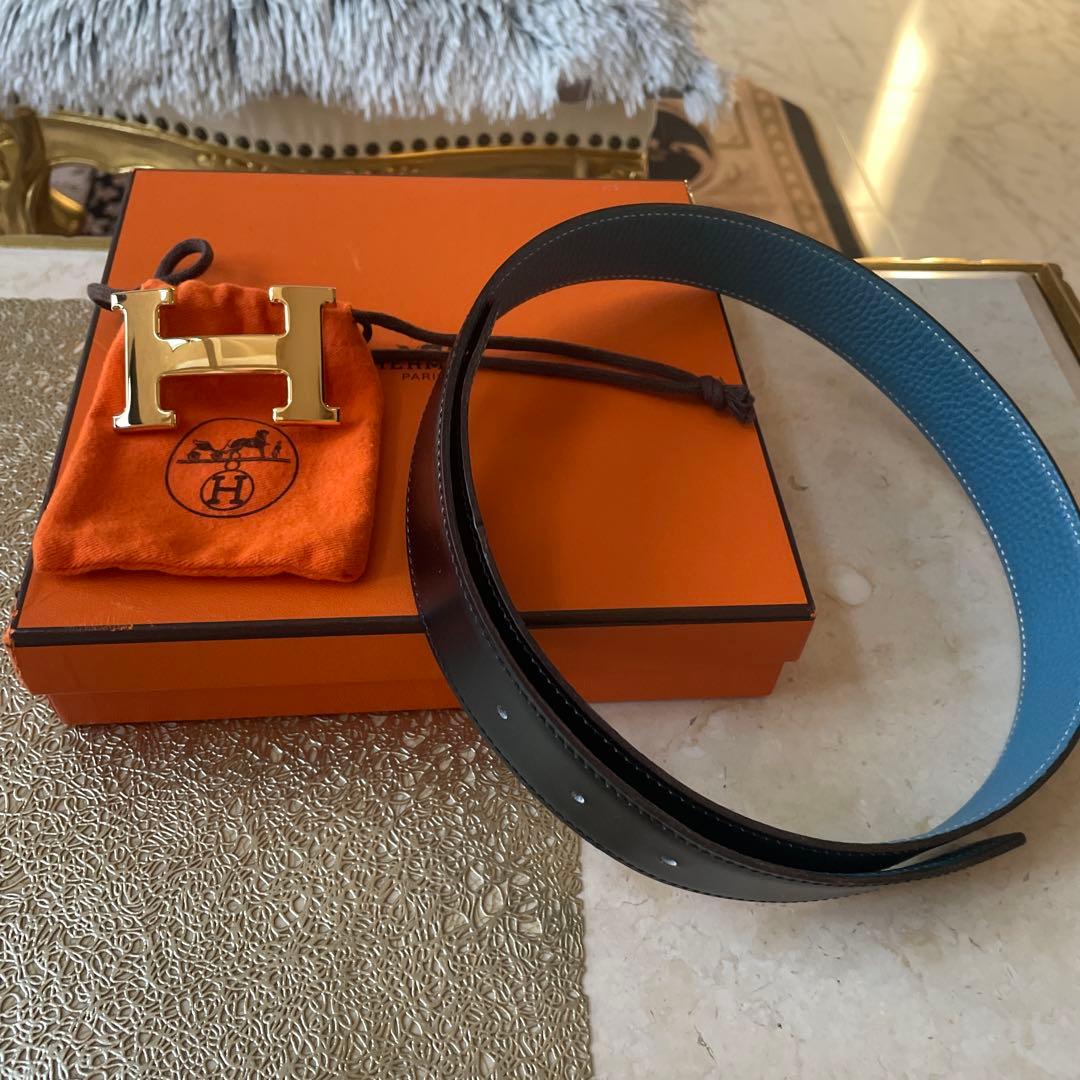 Hermès 黒と青レザー ベルト 70cm
