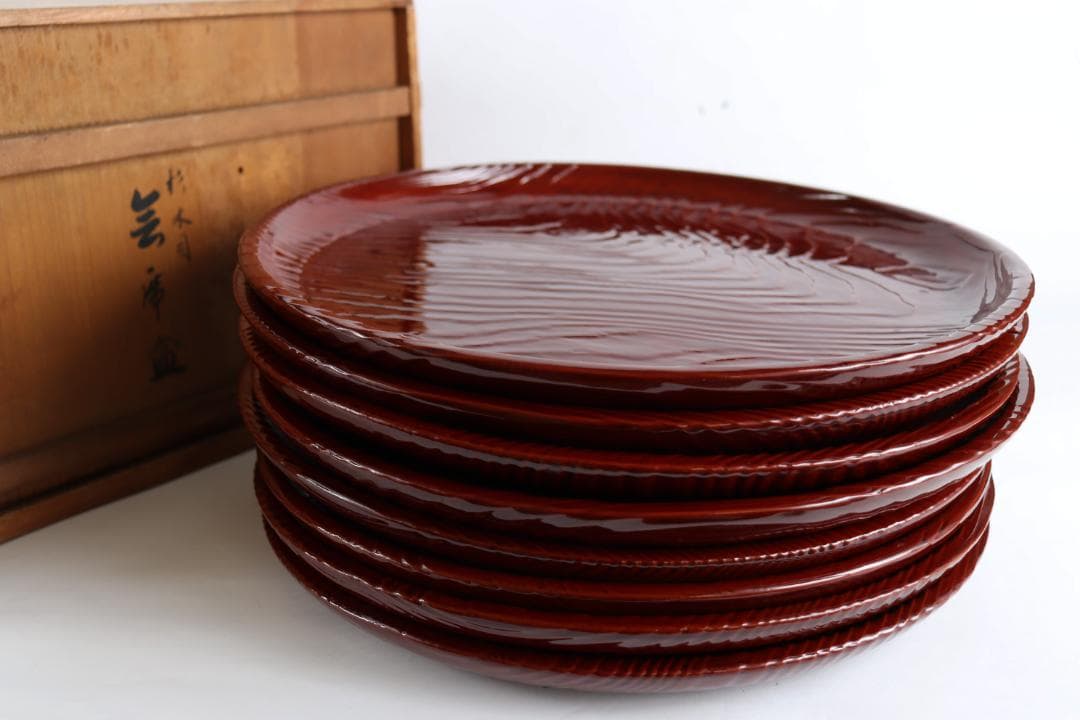 茶道具 平安吉象堂 杉木目 会席盆 丸盆 八枚 共箱