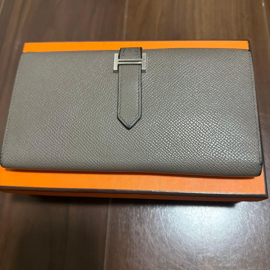 【美品】HERMES べアン スフレ グレー レザー 長財布 箱付き