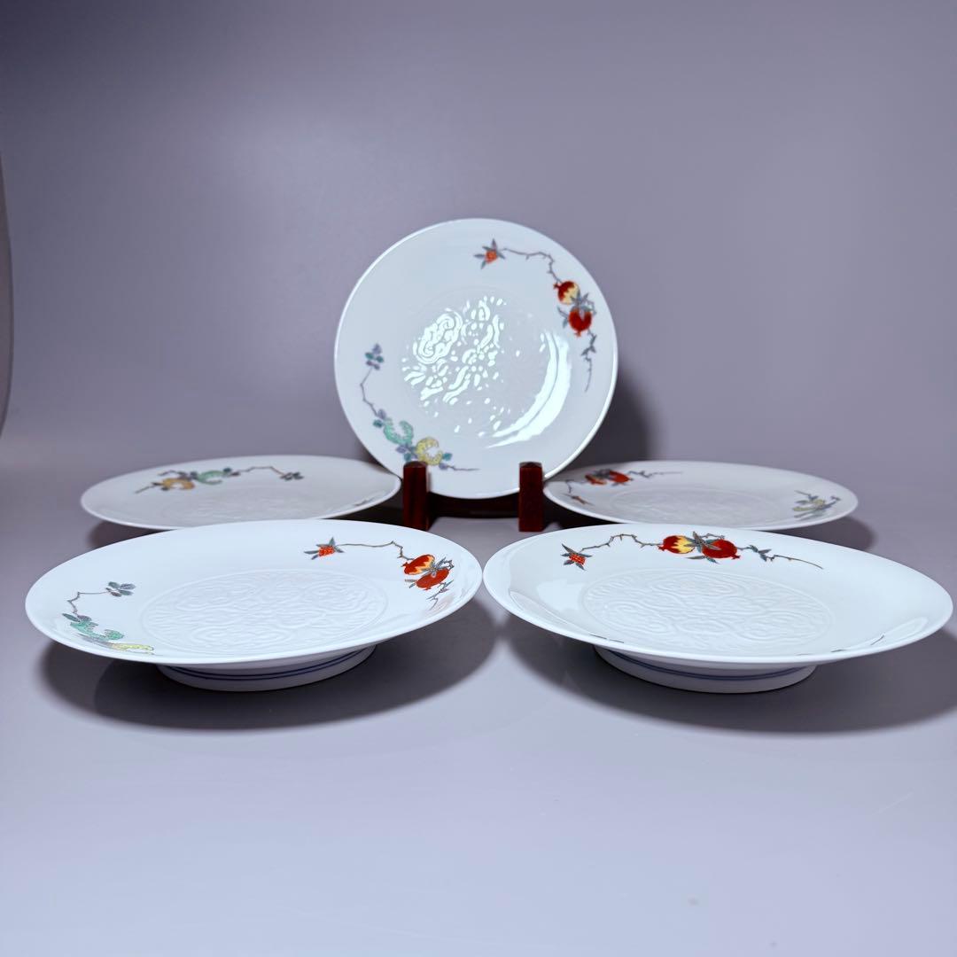 国重要無形文化財　十三代酒井田柿右衛門　柘榴陽刻文皿　五枚　共箱　渦福　19㎝