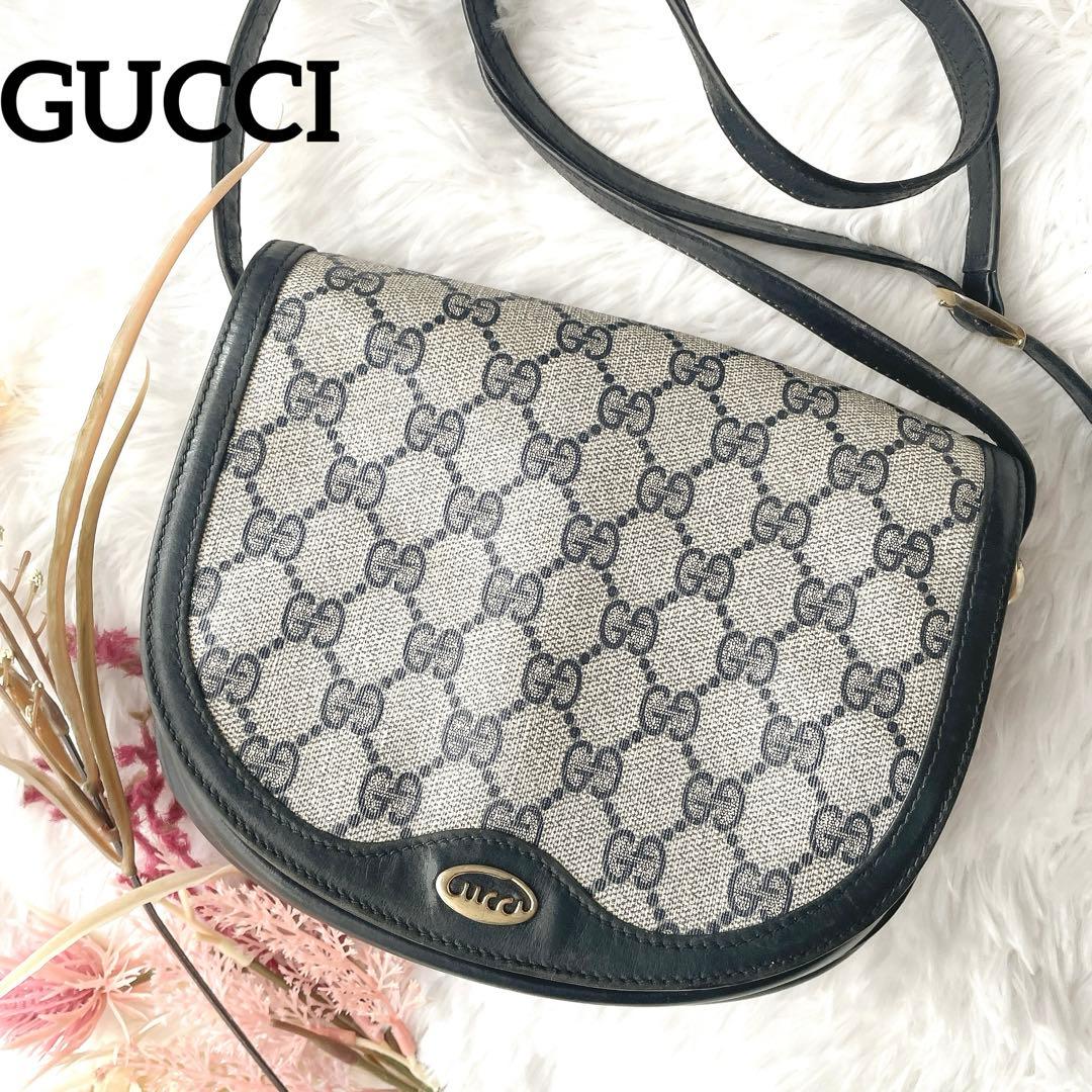 美品⭐︎OLD GUCCI ggシマ ネイビー レザー ロゴ金具 ショルダーバッグ