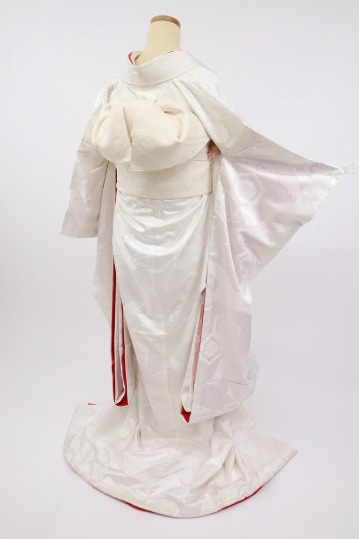 花嫁3点セット 白 掛下 帯 長襦袢 亀甲に菊と鶴 舞台衣装にも♪正絹12RS6