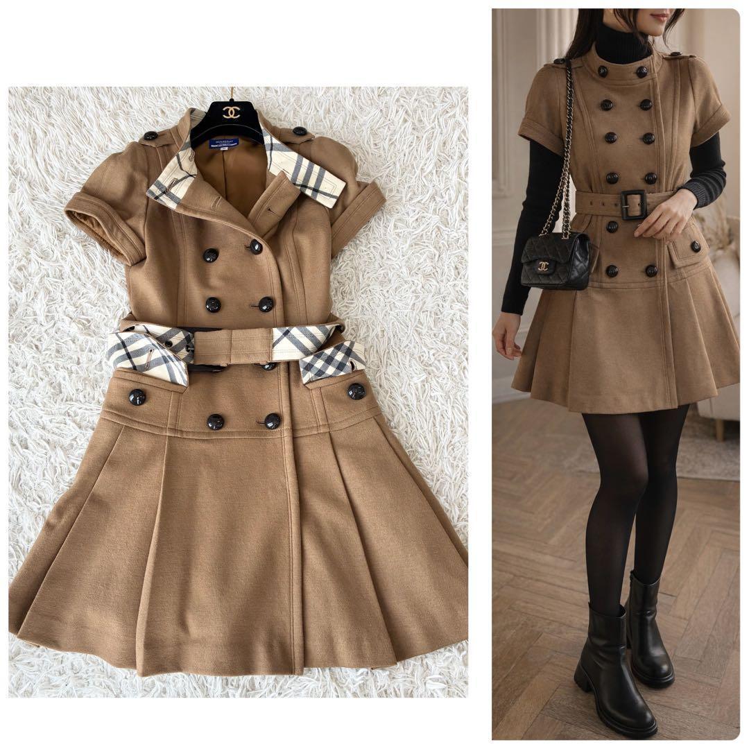 バーバリーブルーレーベル ウール ワンピース コート ノバチェック キャメル