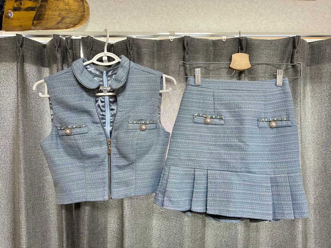 JEWELS マーメイドツイードパールボタンドレス ブルー