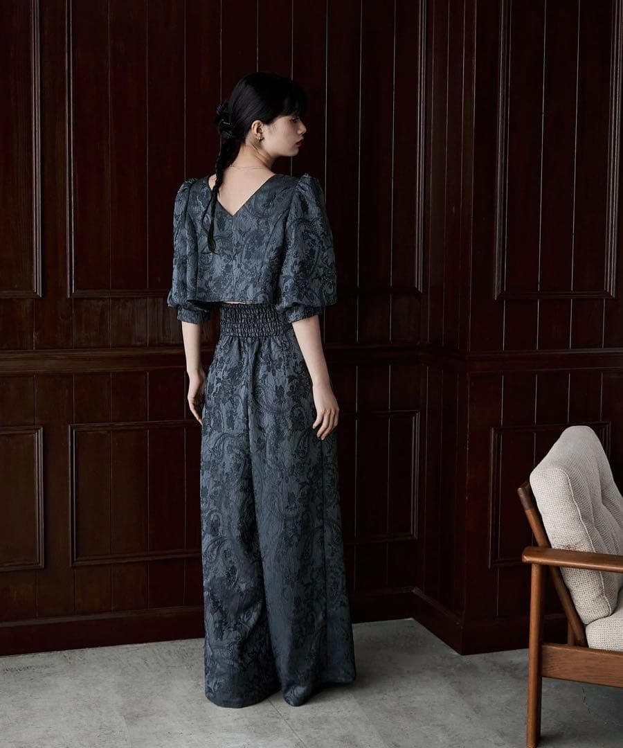 ダークグレー パフスリーブ ロングドレス