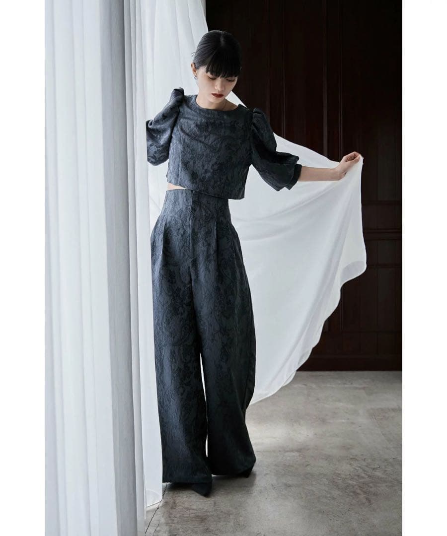 ダークグレー パフスリーブ ロングドレス