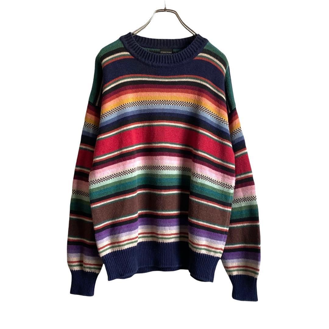 90s structure マルチボーダー ラミーコットンニットセーター 好配色