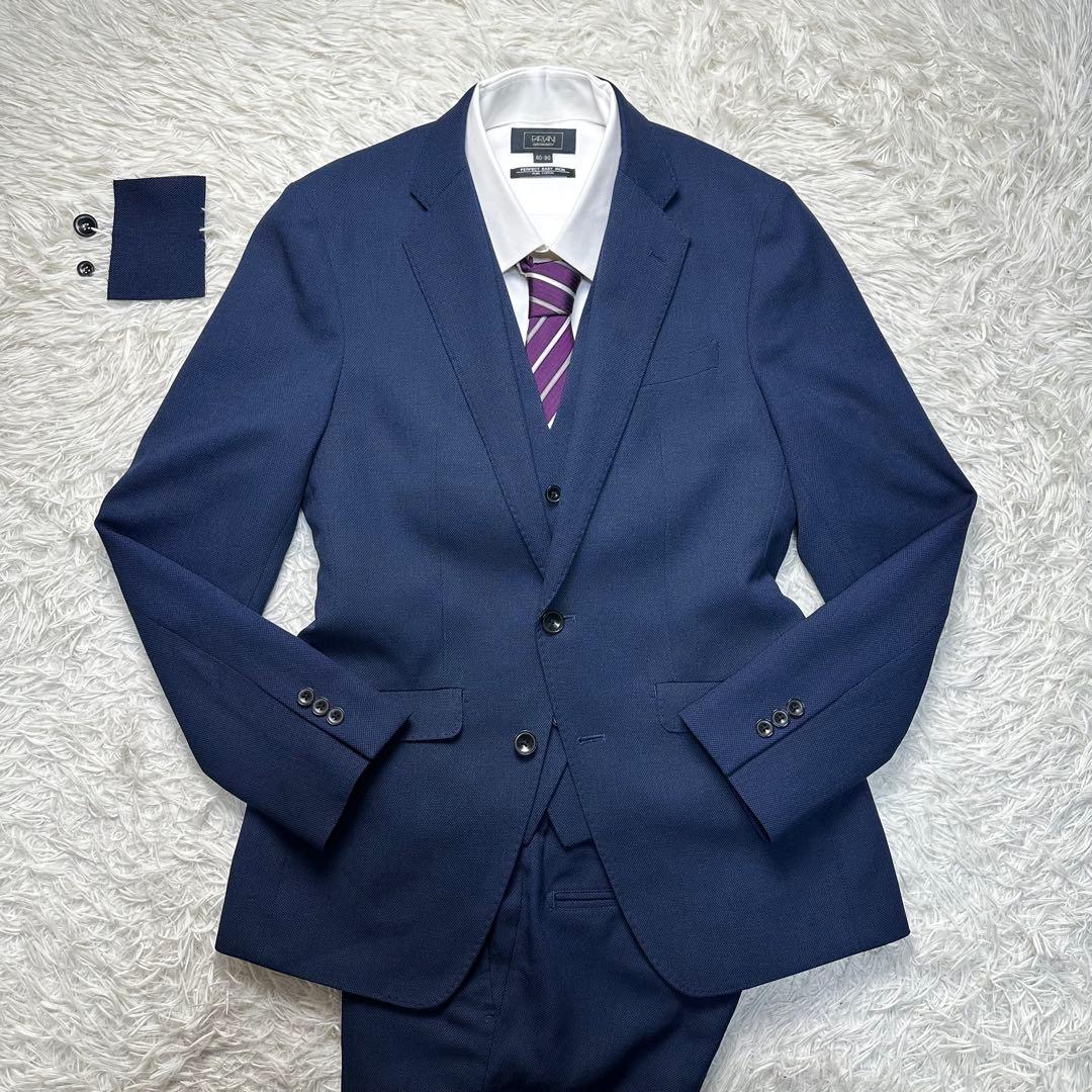 未使用級 スーツセレクト 4S 3ピース ネイビー 洗濯可 セットアップ Y4