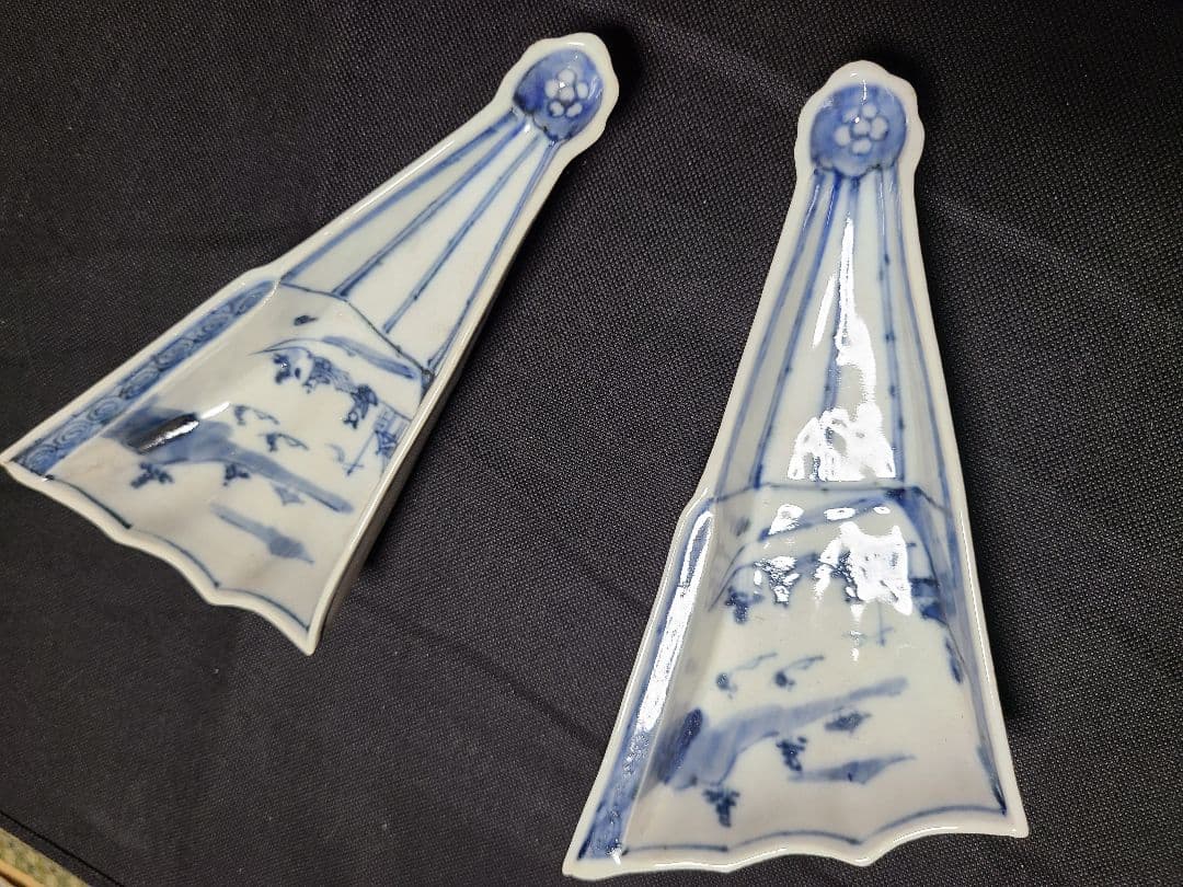 九谷焼須田菁華染付船人物文半開扇向付2客